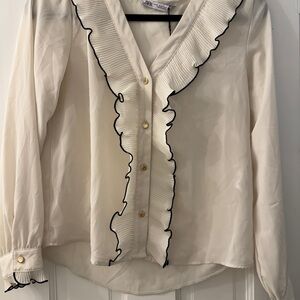 Zara Cream Ruffle-Trim Blouse with Black Piping